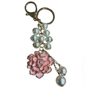 Elegant Pink Floral Bag Charm Keychain with Pearls NEW